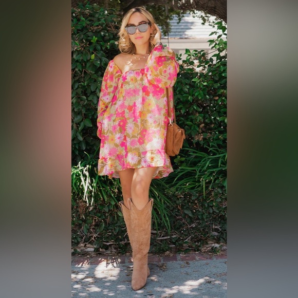 Show Me Your MuMu Briar Carnaby Floral Flower Power Retro Sheer Mini Dress S New - Picture 1 of 8